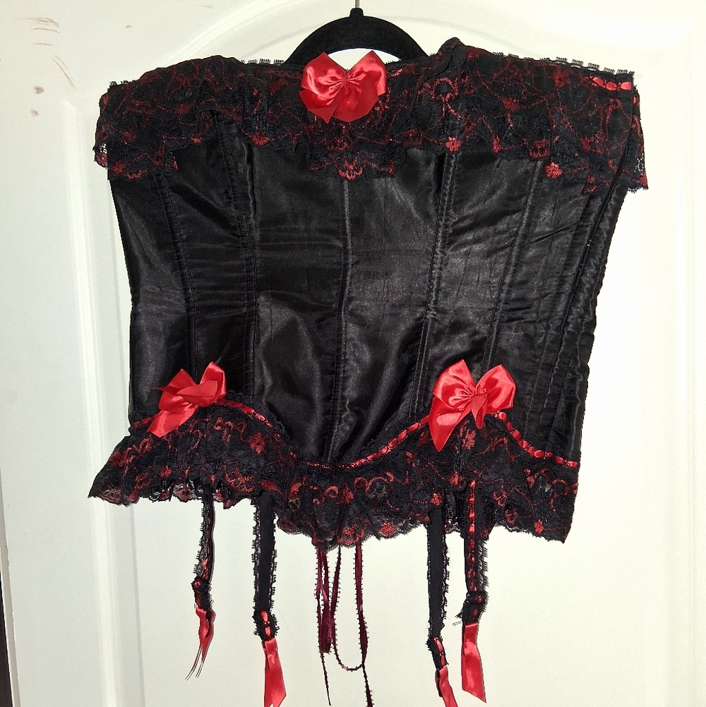 Black Satin Corset with Red Lace Trim and Bows